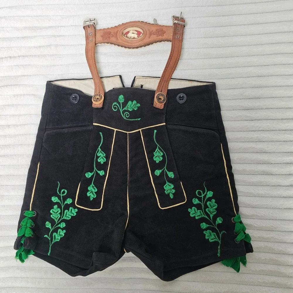 Boys Lederhosen Shorts Size 2 Black Green Embroidered Vintage Alpine Bavarian